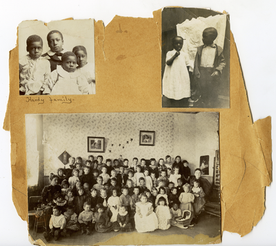 Class photograph of West Oakland kindergarten, portrait of four Hardy family children, young boy and girl