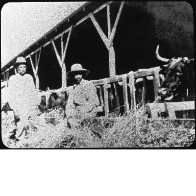 Two men sitting outside cattle coral