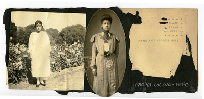 Scrapbook page with two photographs:woman standing in front of bushes, oval portrait of woman