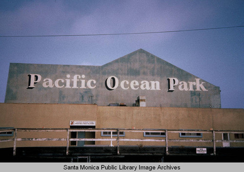 Pacific Ocean Park sign on the abandoned Pacific Ocean Park Amusement Pier (POP opened July 22, 1958 and was closed in 1967) Santa Monica, Calif
