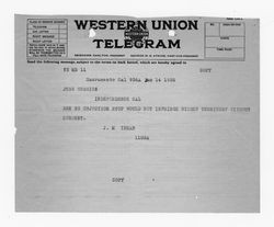 Telegram from J. M. Inman to Jess Hession