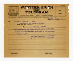 Telegram from Big Pine Reparations Association to George W. P. Hunt