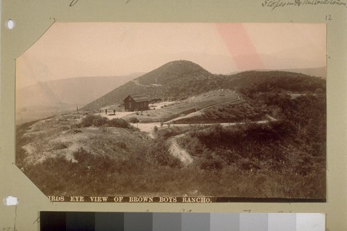 Birds Eye View of Brown Boys Rancho. "Home of Owen & Jason Brown. Front View. Plain of Las Casitas. `2nd Hill' with pine tree where Owen Brown is buried. `Brown's Trail.' In foreground `grease wood--our only fuel... [Illegible]." 165