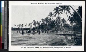 Missionaries arriving at Balade by boat in 1843, New Caledonia, ca. 1910-1930