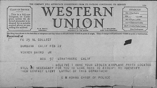 Telegram re Finding Stolen Plane Parts, Strathmore, Calif