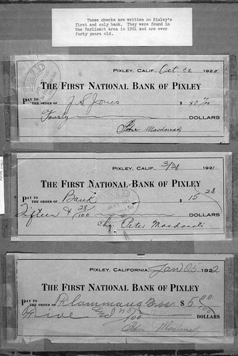 Checks from First and Only Bank, Pixley, Calif
