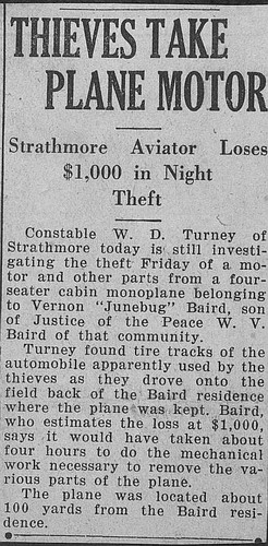 Article re Aircraft Parts Theft, Strathmore, CA, 1938