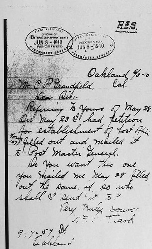 Letter Requesting a Post Office, Ivanhoe, Calif., 1910