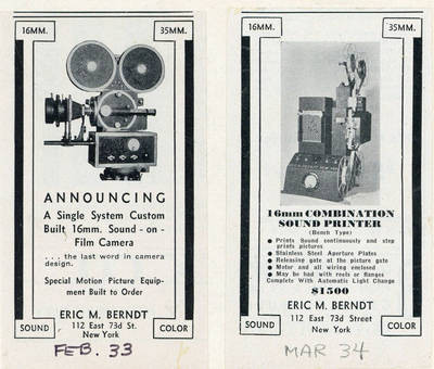 Ads for Berndt camera and sound printer, 1933, 1934