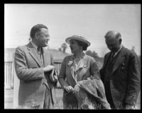 Occidental College president Remsen D. Bird, Mrs. Helen Bird, and Occidental board president Robert Freeman, Los Angeles, 1935
