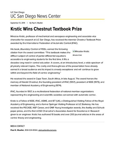 Krstic Wins Chestnut Textbook Prize