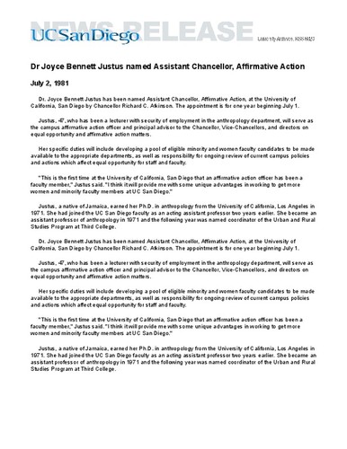 Dr Joyce Bennett Justus named Assistant Chancellor, Affirmative Action