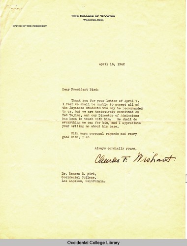 Letter from Charles F. Wishart, President, College of Wooster, to Remsen Bird, April 16, 1942
