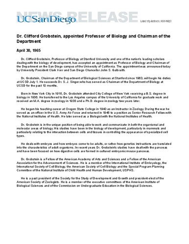 Dr. Clifford Grobstein, appointed Professor of Biology and Chairman of the Department