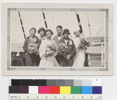 Desert Exile Publication. Uchida Family, shipboard. [Our family with my grandmother on the day we sailed for a visit to Japan. Next to my mother is her close friend (second from left) who came to see us off.]