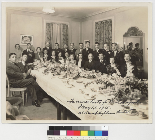 S.F. Mitsui & Co. office group. DTU far right. Farewell party for Mrs. Kobayashi. May 13, 1935 at Mark Hopkins Hotel