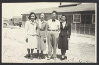 To Yoshi--taken June 15--1943. [My sister (far right) and I, with our parents, on the day of our departure for the outside world. Topaz, 1943.] [CNEGS available.]