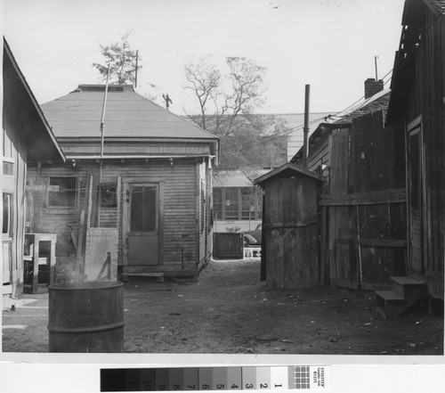 Photograph of an outhouse between two Los Angeles shack houses