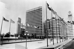 View of the Los Angeles County Mall showing the hall of Records, Criminal Courts Buildings, and City Hall, October 1, 1972