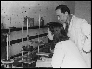 Observing a chemistry experiment, West China Union University, Chengdu, China, 1945