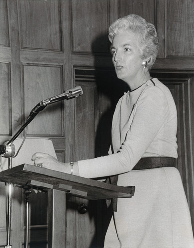 A photograph of University Librarian Melissa Rose speaking at the Dedication of the Floyd R. Erickson Special Collections Room