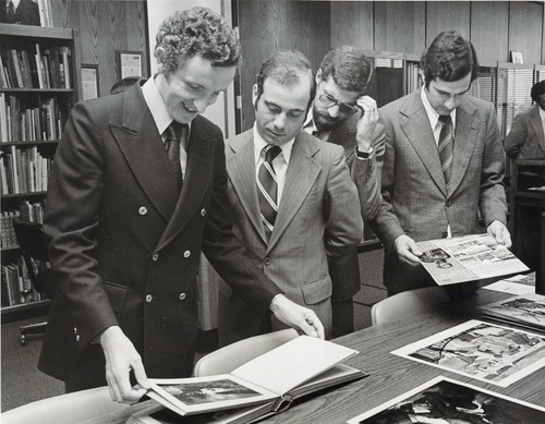 A photograph of visitors from the Azores Regional Government to the Cal State University Hayward Special Collections