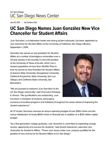 UC San Diego Names Juan González New Vice Chancellor for Student Affairs