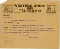 Telegram from William Randolph Hearst to Julia Morgan, November 7, 1924