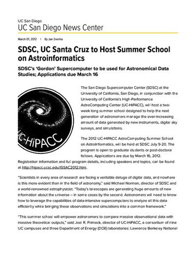 SDSC, UC Santa Cruz to Host Summer School on Astroinformatics