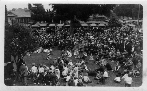 Upland Photograph Events; Fourth of July Parade: crowd listening to speaker at band shell 2nd Avenue and D Street, Upland, CA