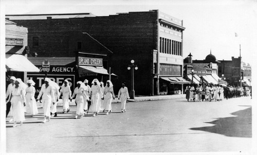 Upland Photograph Events; Parade 1917: nurses marching on 2nd Avenue