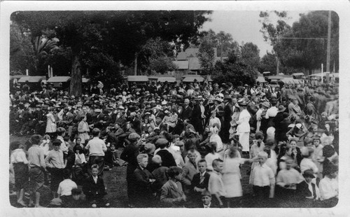 Upland Photograph Events; Fourth of July Parade: crowd listening to speaker at band shell 2nd Avenue and D Street, Upland, CA