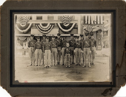 Upland Photograph Events; Fourth of July Parade: Upland Volunteer Fire Department posed on 2nd Avenue, Upland, CA