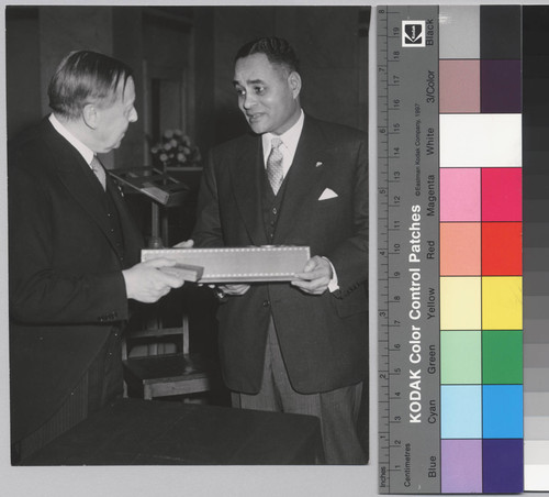 Gunnar Jahn, Chairman of the Nobel Committee, and Ralph J. Bunche at the 1950 Nobel Prize presentation ceremony