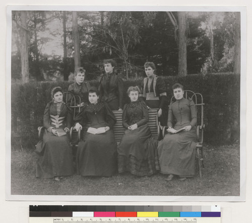 [Group of seven young women, some of whom are identified as Francisca Vallejo McGettigan (daughter of Dr. Platon Vallejo), William, Wheeler, Wheeler, Freda Ortman (Shumate)]