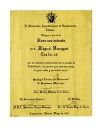 Honorary bronze plaque to Miguel Venegas from city government of Zapotlanejo, Mexico, 1991