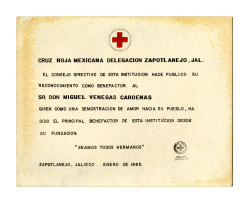 Honorary certificate to Miguel Venegas from Red Cross of Zapotlanejo, Mexico, 1985