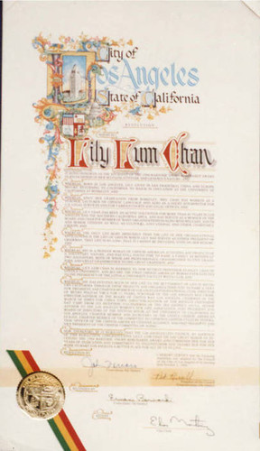Award presented to Lily Lum Chan by the City of Los Angeles
