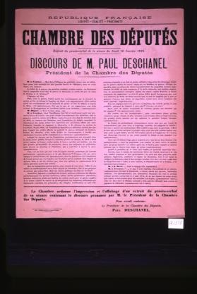 Extrait du proces-verbal de la seance du jeudi 16 janvier 1919. Discours de M. Paul Deschanel, president de la Chambre des deputes