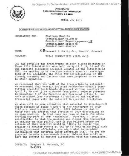 Leonard Bickwit Jr. memo regarding Three Mile Island-2 transcripts April 6-13, with attachments