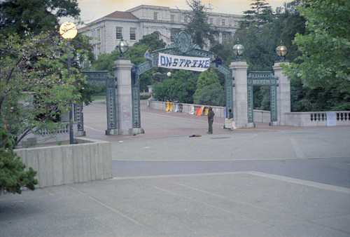 A deserted Sather Gate with On Strike sign