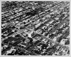 Aerial view facing north over Wilshire Boulevard and Robertson Boulevard in Beverly Hills