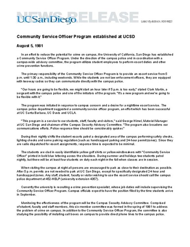 Community Service Officer Program established at UCSD