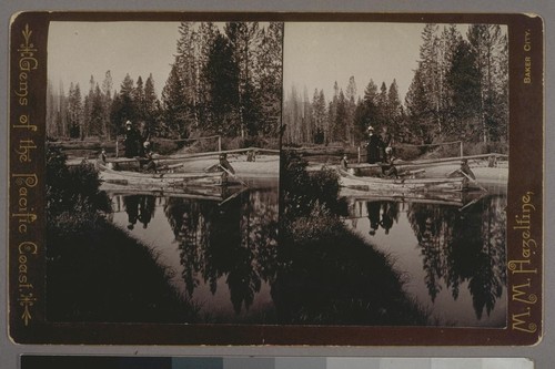 (Redfish Lakes, Sawtooth Mts, Idaho Ter. Inlet and Bridge at first or Sawtooth Lake; on verso.) Place of publication: Baker City. Photographer's series: Gems of the Pacific Coast