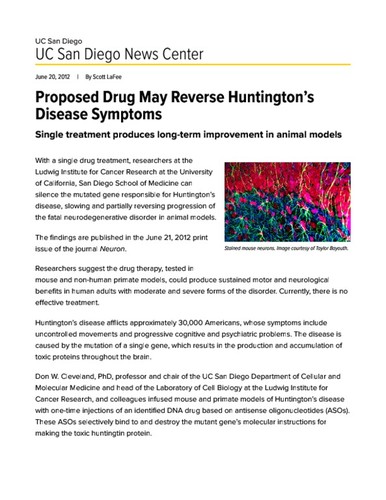 Proposed Drug May Reverse Huntington’s Disease Symptoms