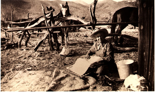 Alice Eastwood with plant press, Warner Hot Springs, San Diego County, 1913