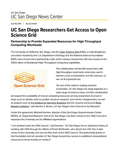 UC San Diego Researchers Get Access to Open Science Grid