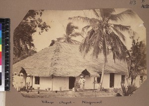 Missionary outside village chapel, Nagercoil, Tamil Nadu, India, ca. 1890