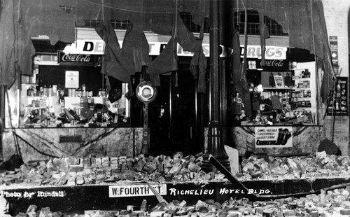 Damage at the Richelieu Hotel building from the March 1933 earthquake