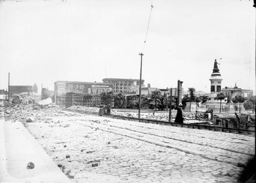 [Pioneer Monument, 1906, with City Hall rubble]